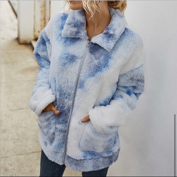 23) New! Teddy Tie Dye Blue Sherpa fleece tie dye zip Up Jacket Coat - Picture 6 of 6